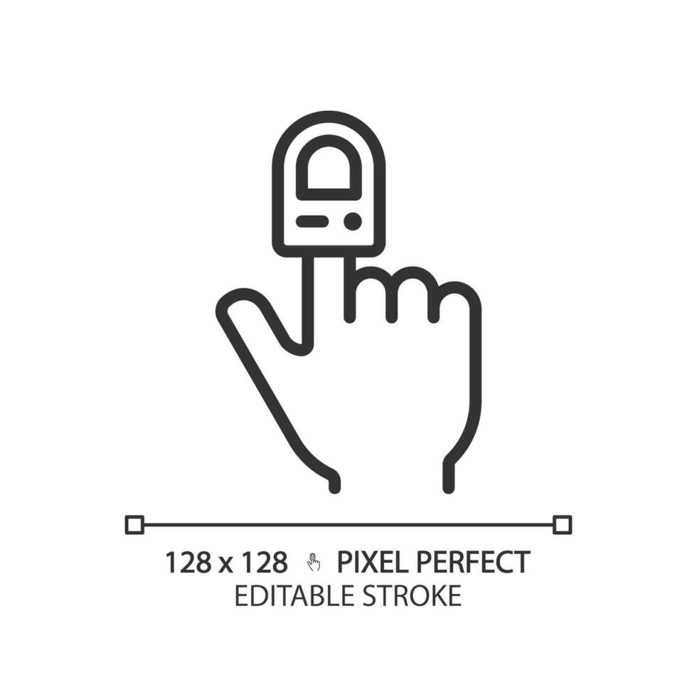 Pulse oximeter pixel perfect linear icon. Oxygen saturation. Heart rate. Health assessment. Medical test. Thin line illustration. Contour symbol. Vector outline drawing. Editable stroke