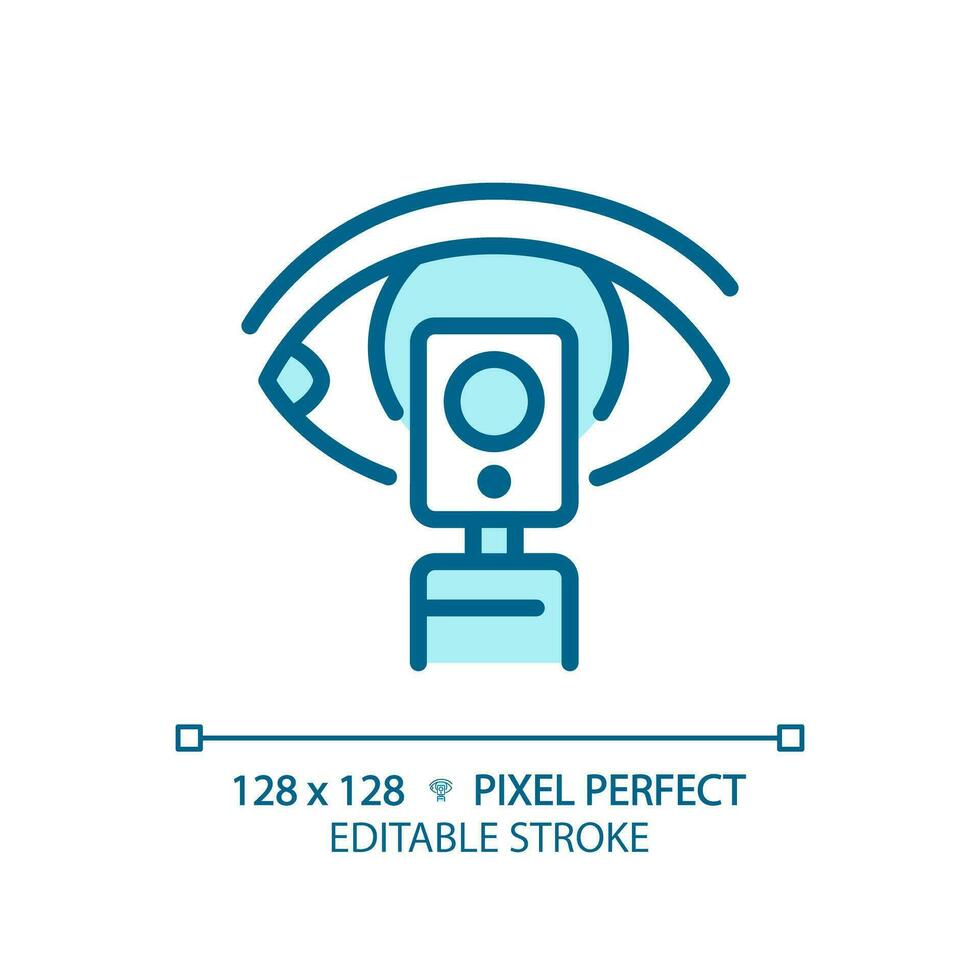 Ophthalmoscope pixel perfect light blue icon. Eye examination. Retina scan. Vision health. Test equipment. RGB color sign. Simple design. Web symbol. Contour line. Flat illustration. Isolated object vector