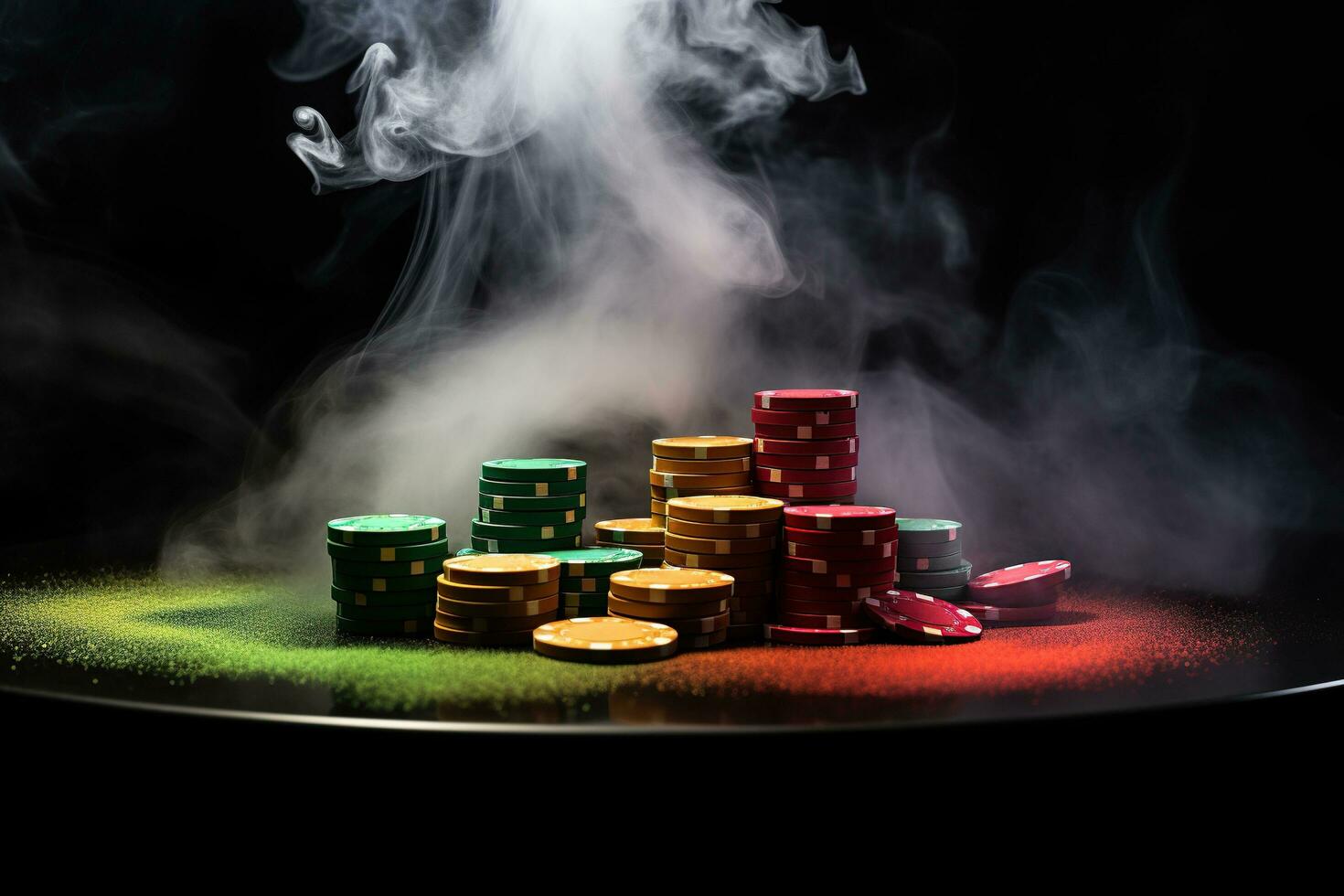 Playing chips in clouds of cigarette smoke. Close-up. Gambling concept. Generated by artificial intelligence photo