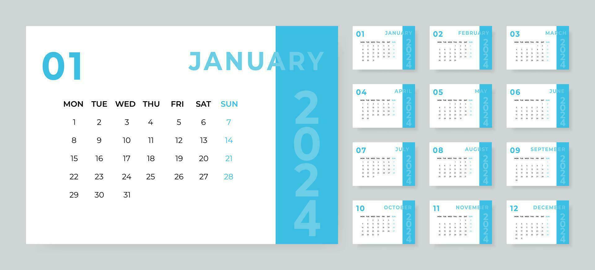 monthly desk calendar template for 2024 year vector