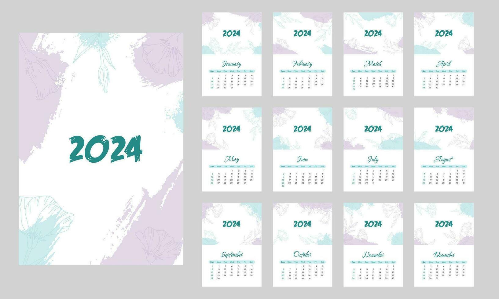 pared calendario de 2024 con floral antecedentes y cepillo pintar formas vector
