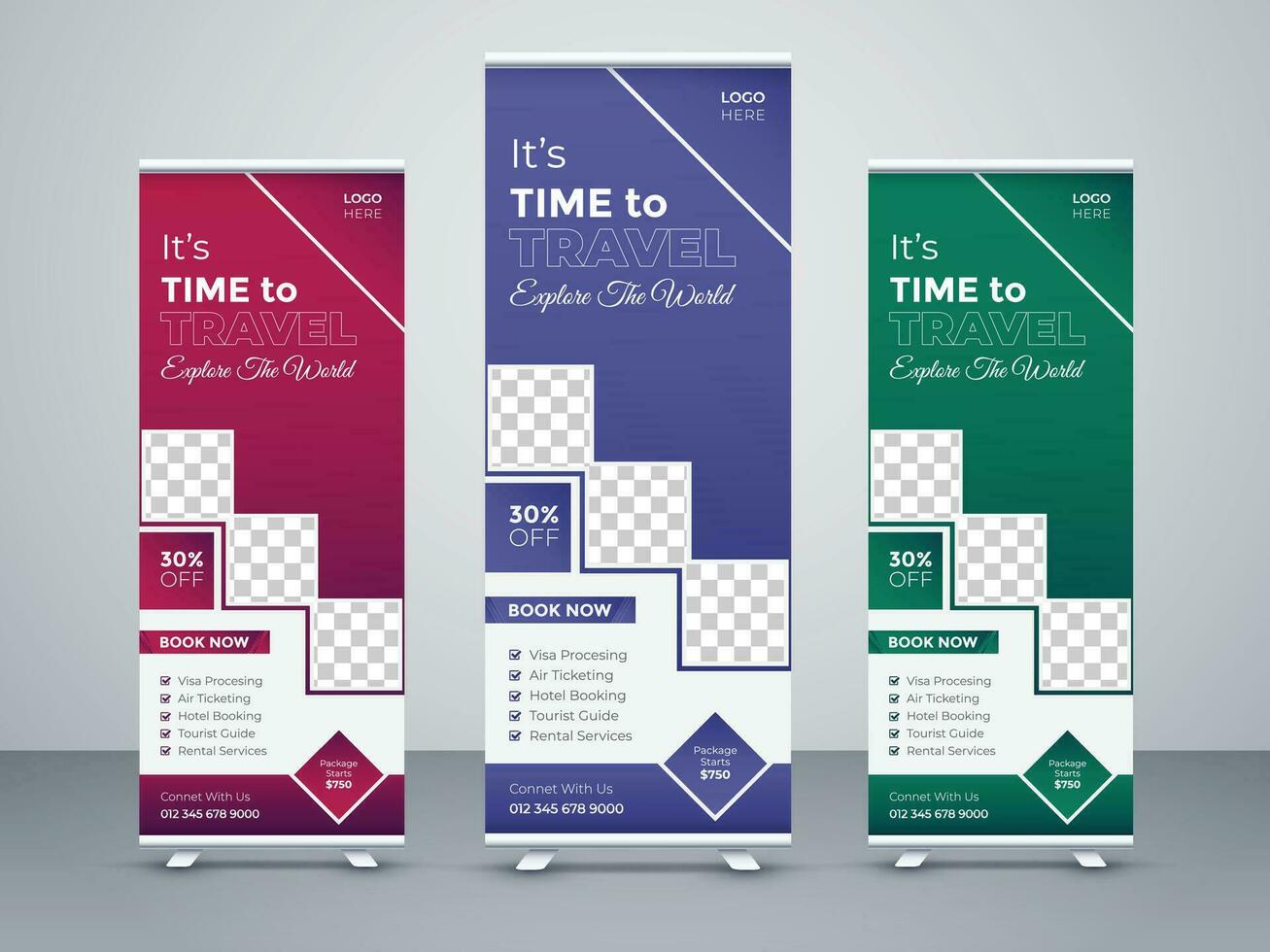 Travel and tours roll up banner set, Vector flyer stand brochure design, Standard size illustration, Business concepts premium banner design