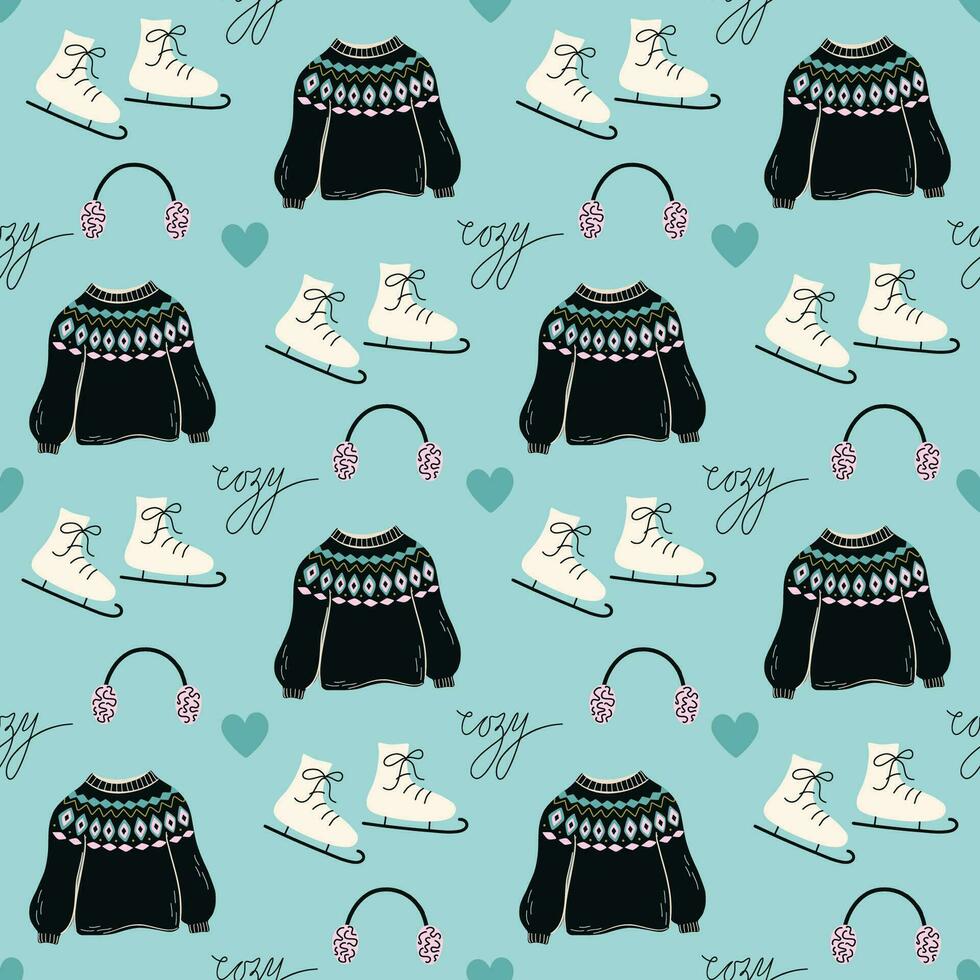 Cute Winter seamless pattern. Cozy objects background. Vector illustration with clothes, skates, hearts for print, textile, decor, paper.