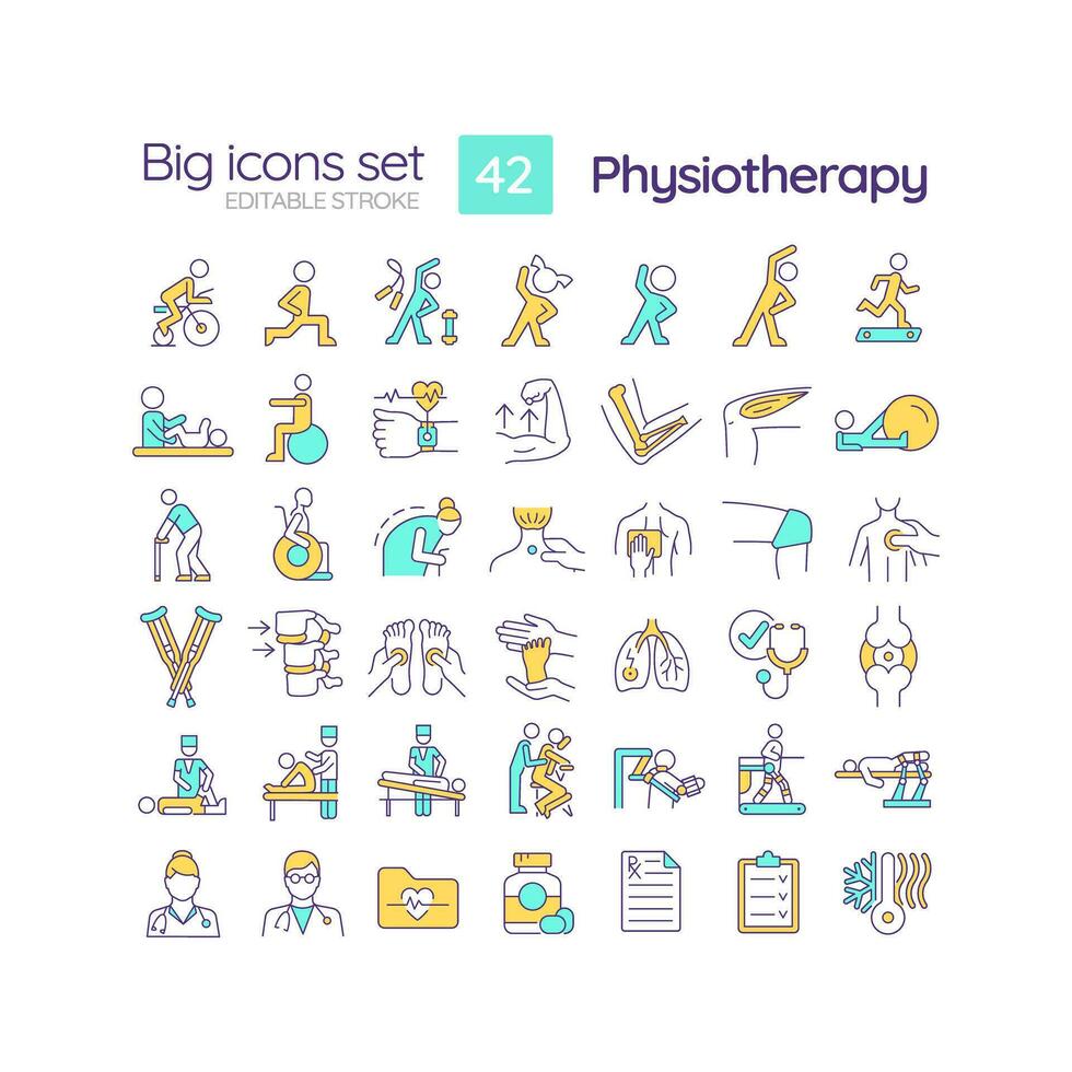 Physiotherapy RGB color icons set. Physical therapy. Rehabilitation exercise. Pain management. Post surgery. Isolated vector illustrations. Simple filled line drawings collection. Editable stroke