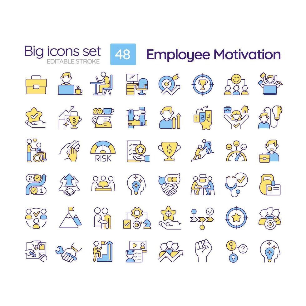 Employee motivation RGB color icons set. Job satisfaction. Positive attitude. Career development. Isolated vector illustrations. Simple filled line drawings collection. Editable stroke