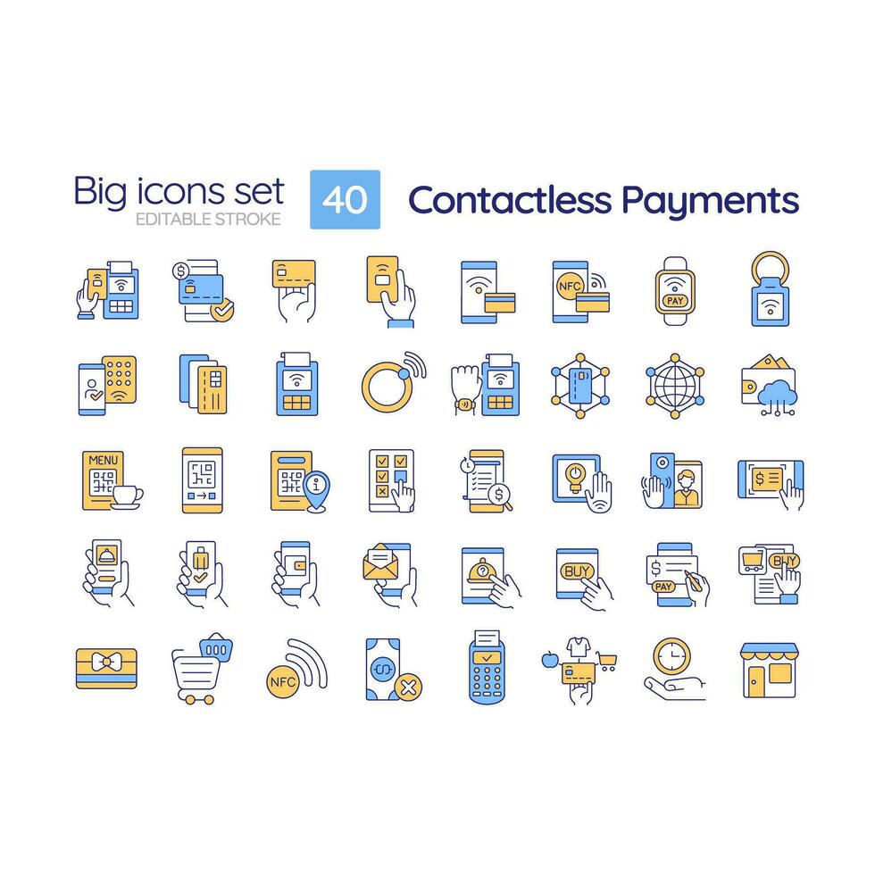 Contactless payment RGB color icons set. Debit card. Tap and pay. Online banking. Pos terminal. Nfc technology. Isolated vector illustrations. Simple filled line drawings collection. Editable stroke