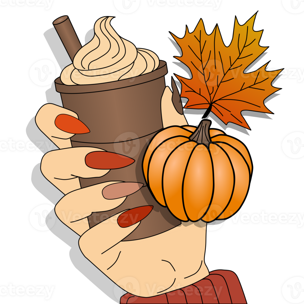 fall nails - female hand with orange manicure holding drink with pumpkin and autumn leaves png