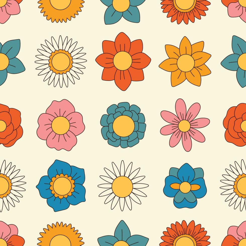 Groovy flowers seamless pattern. Retro 70s smiling face flowers graphic elements isolated. Hippie, peace, flower power simple linear style Groovy decorative vector illustration. Retro vintage flowers.