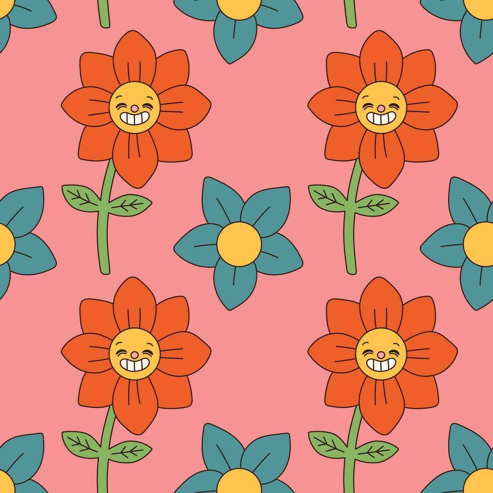 Groovy flowers seamless pattern. Retro 70s smiling face flowers graphic elements isolated. Hippie, peace, flower power simple linear style Groovy decorative vector illustration. Retro vintage flowers.