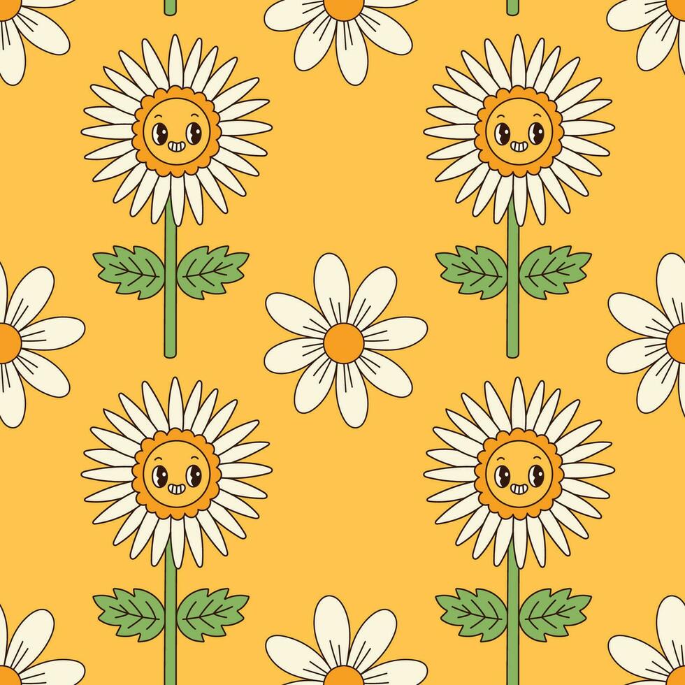 Groovy flowers seamless pattern. Retro 70s smiling face flowers graphic elements isolated. Hippie, peace, flower power simple linear style Groovy decorative vector illustration. Retro vintage flowers.