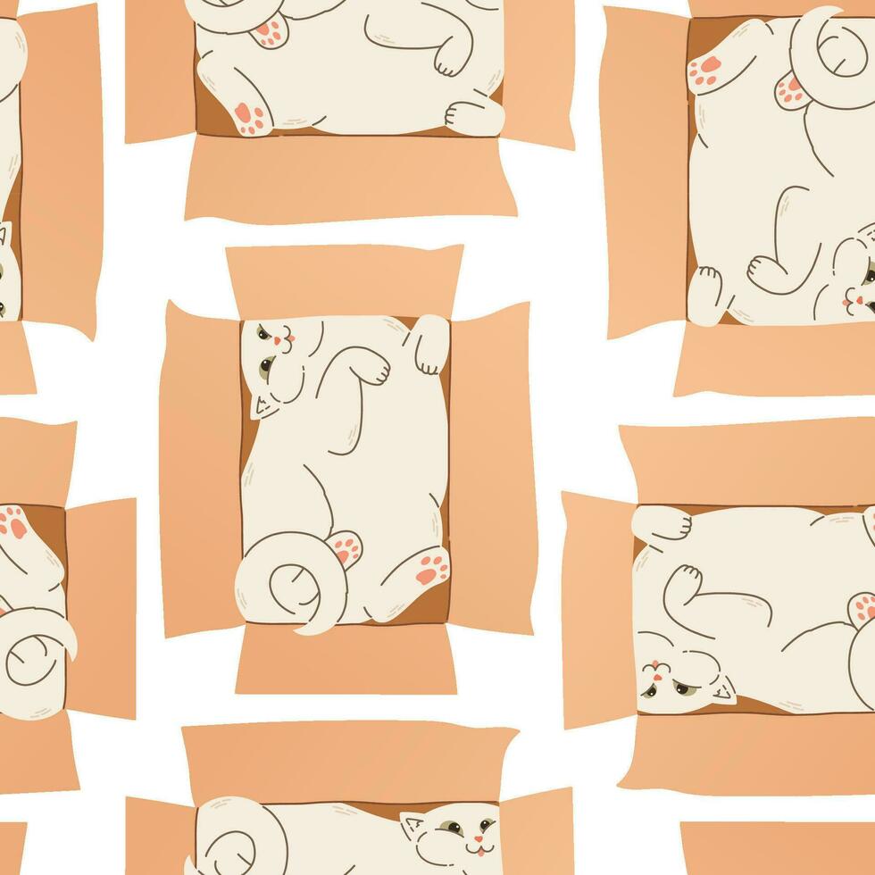 Cute cat in box seamless pattern vector design. Cute funny cats with funny expression isolated on white background. Animal vector background template for kids.