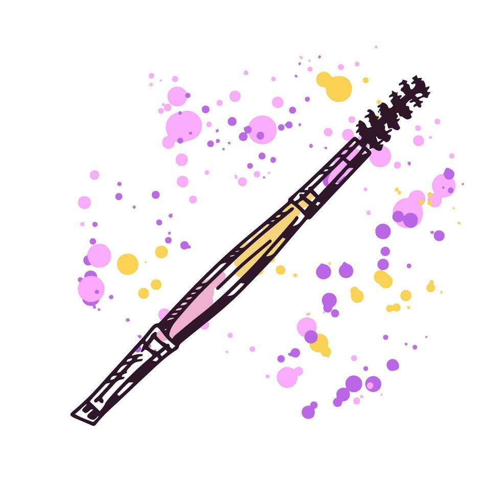 A hand-drawn cosmetic brush and eyelash brush, an element of cosmetics for beauty, self-care on a watercolor pastel background with splashes of paint. Illustration for a beauty salon. Doodle sketch. vector