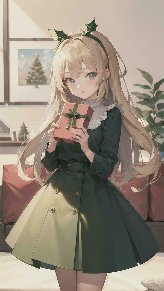 Cute Anime Girl Holding Present Gift For Festive Moment Christmas Time photo