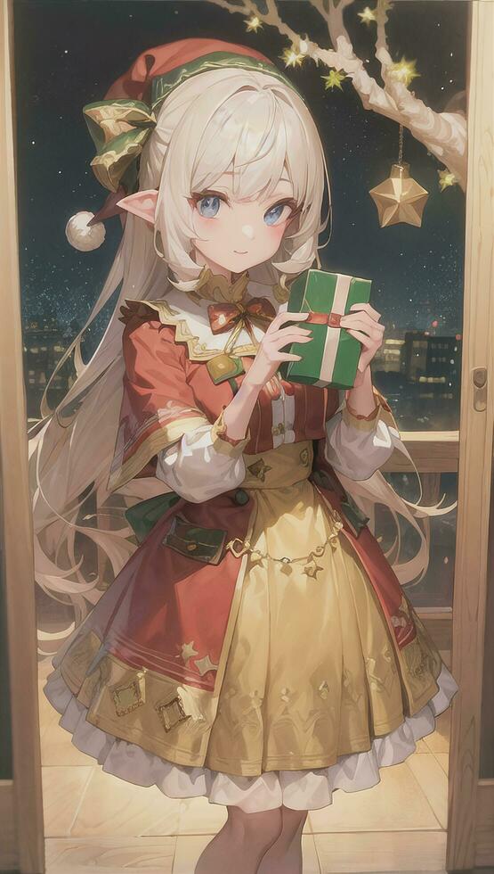 Cute Anime Girl Holding Present Gift For Festive Moment Christmas Time photo