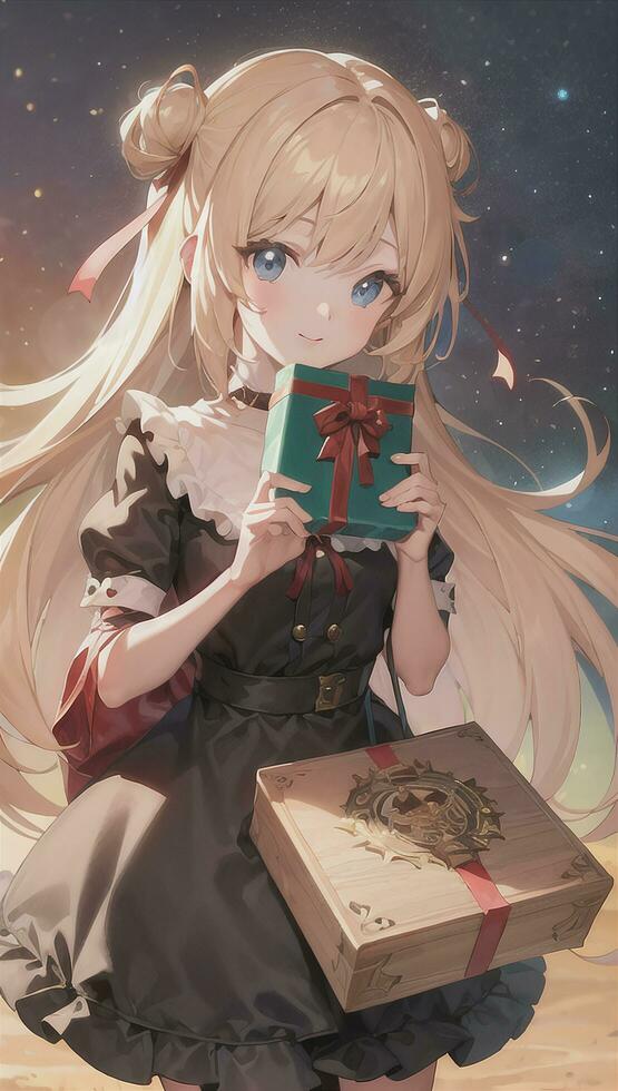 Cute Anime Girl Holding Present Gift For Festive Moment Christmas Time photo