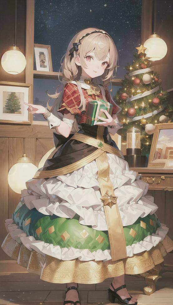 Cute Anime Girl Holding Present Gift For Festive Moment Christmas Time photo