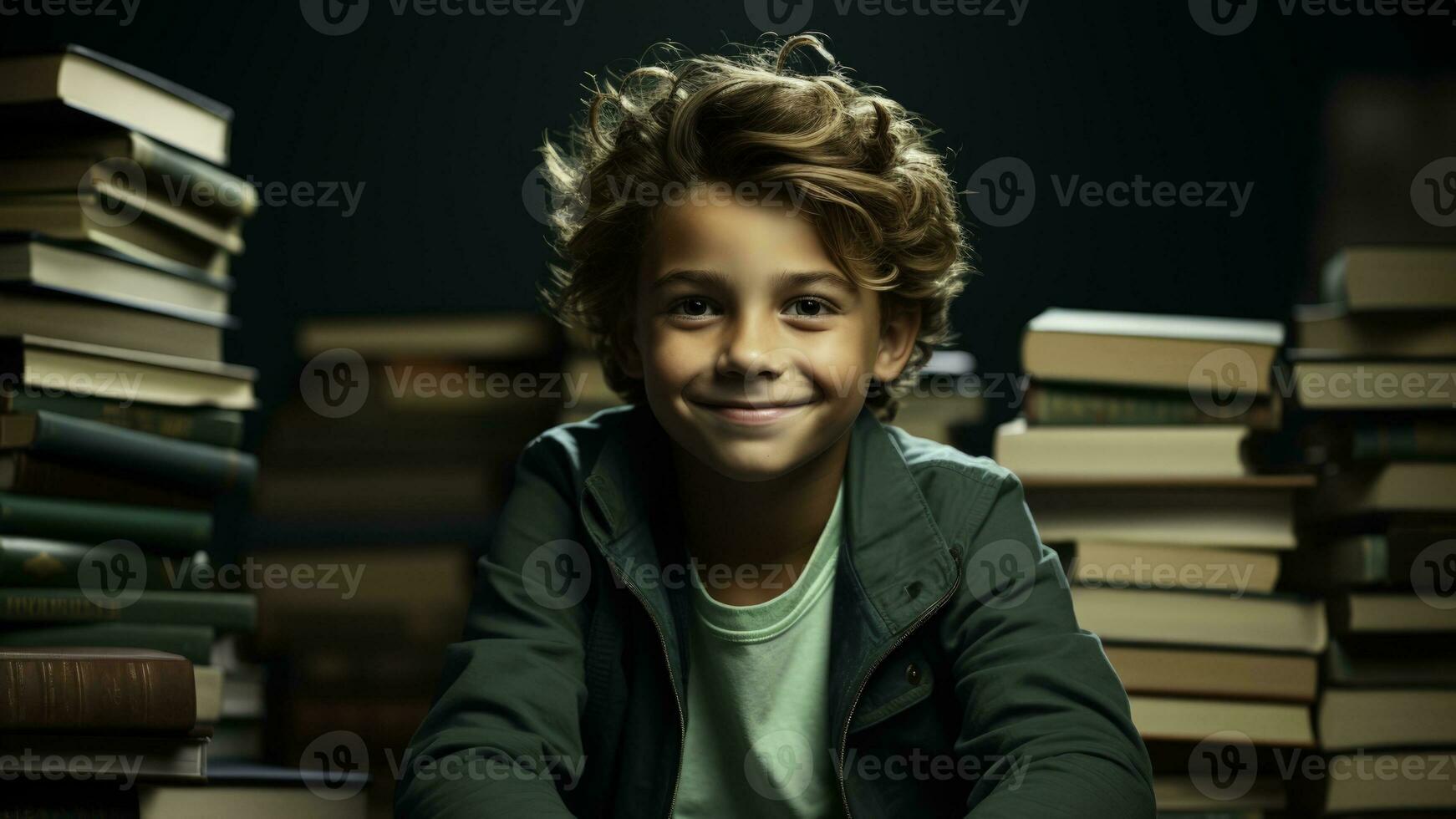 A boy surrounded by healing books isolated on a green gradient background photo