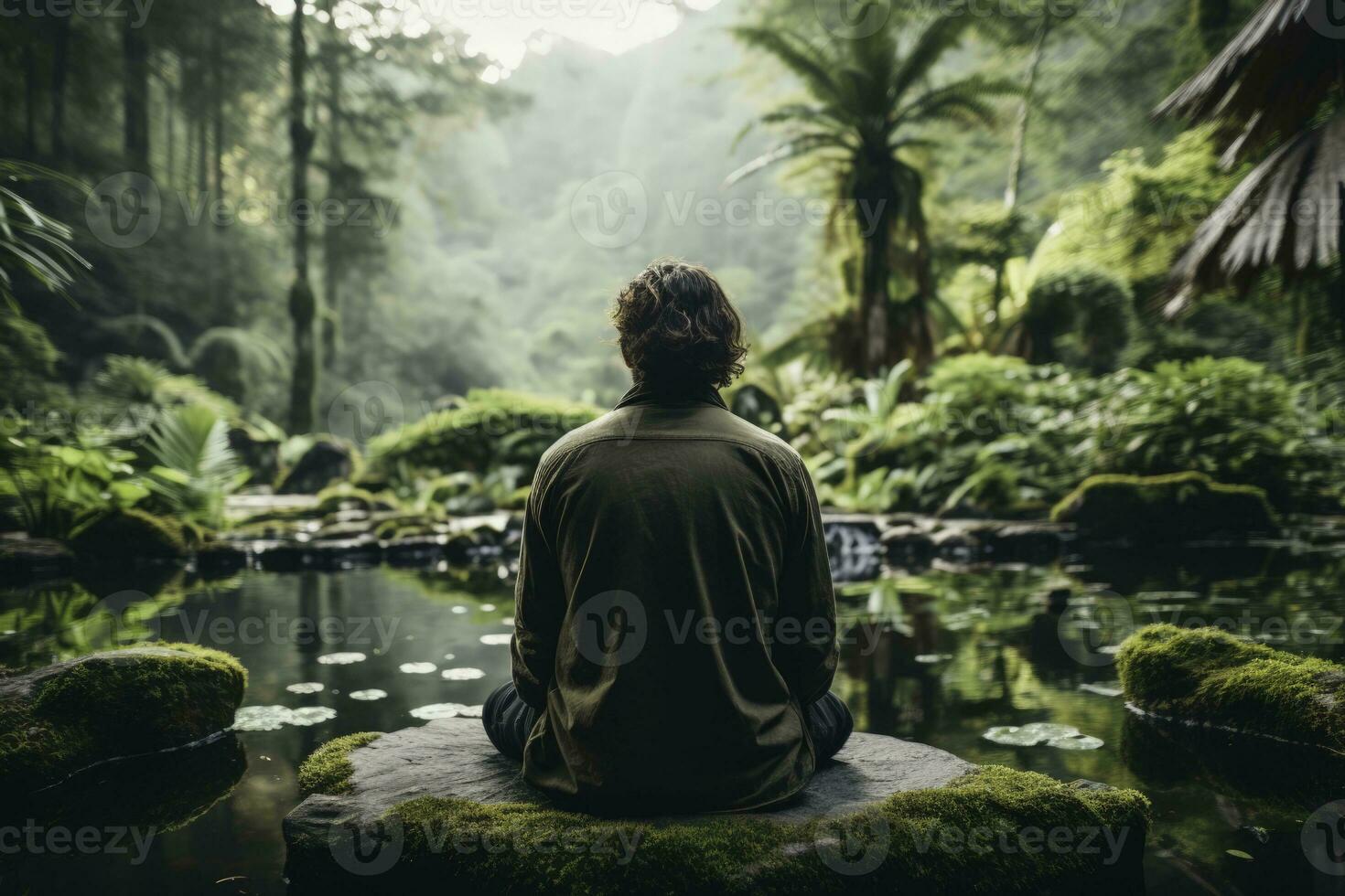 Person meditating calmly amidst nature during mindfulness based cognitive therapy session photo