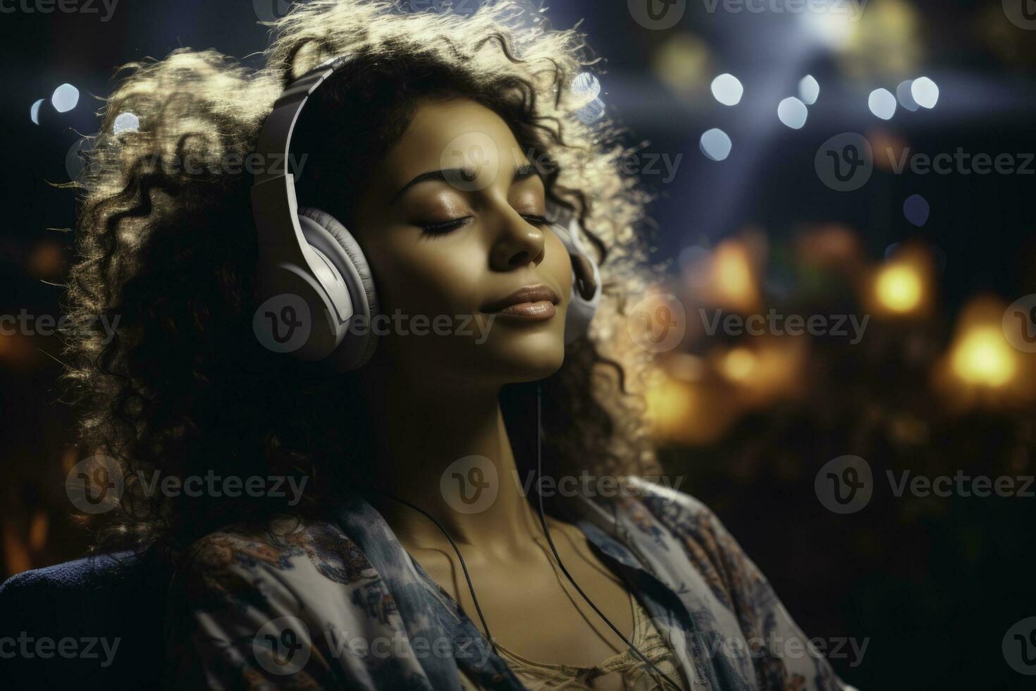 mujer hallazgo tranquilidad mientras inmerso en música terapia para emocional curación foto