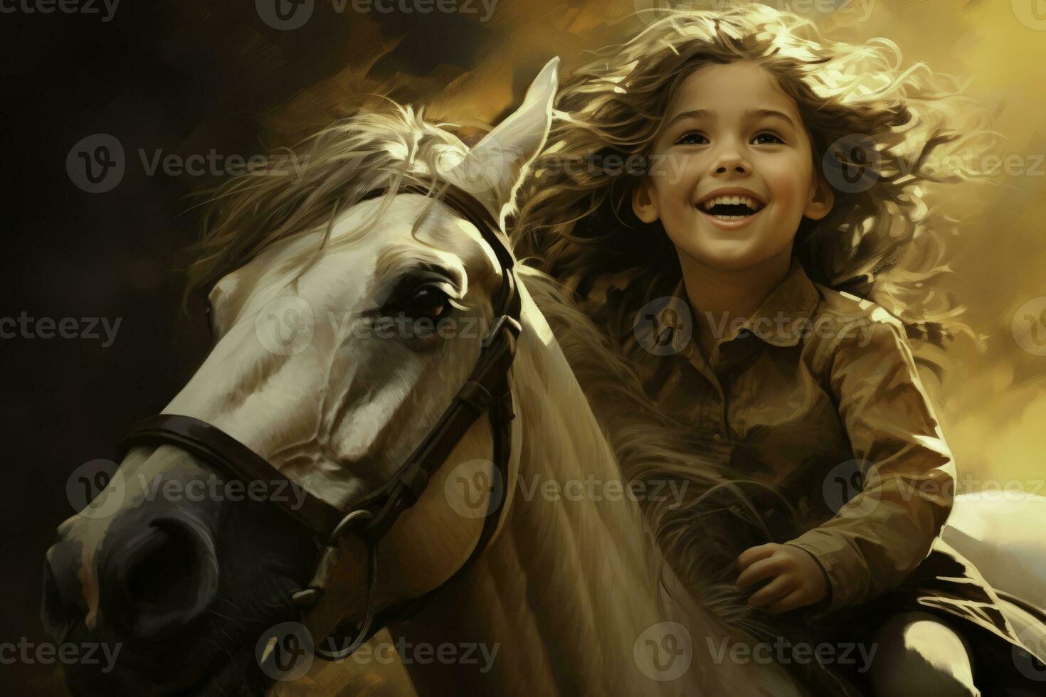 un caballo dando un autista niño un alegre paseo aislado en un dorado degradado antecedentes foto