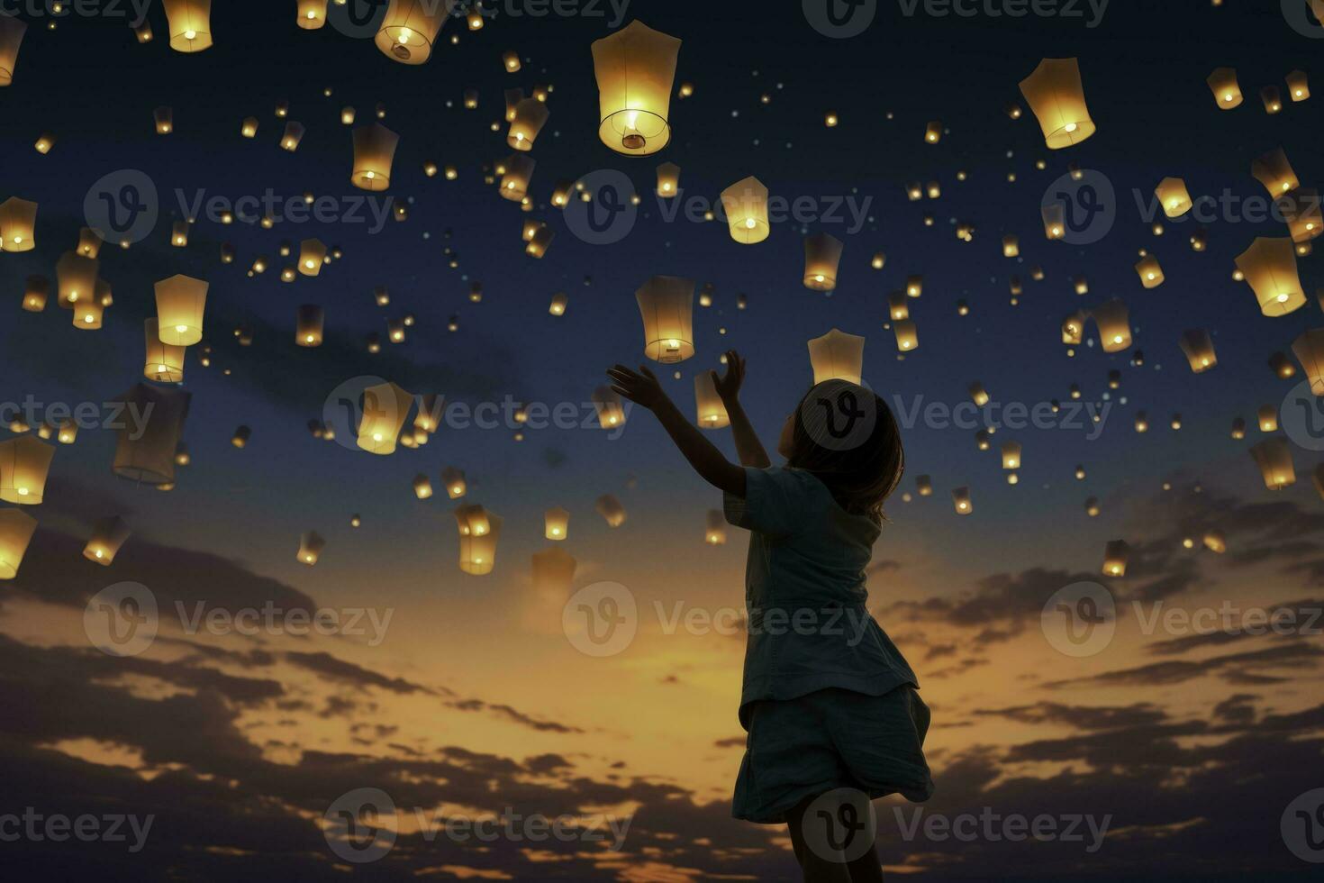 A girl releasing paper lanterns isolated on a twilight gradient background photo