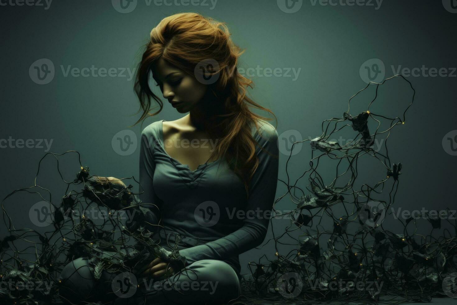 A woman unraveling a knotted mind thread isolated on a teal gradient background photo