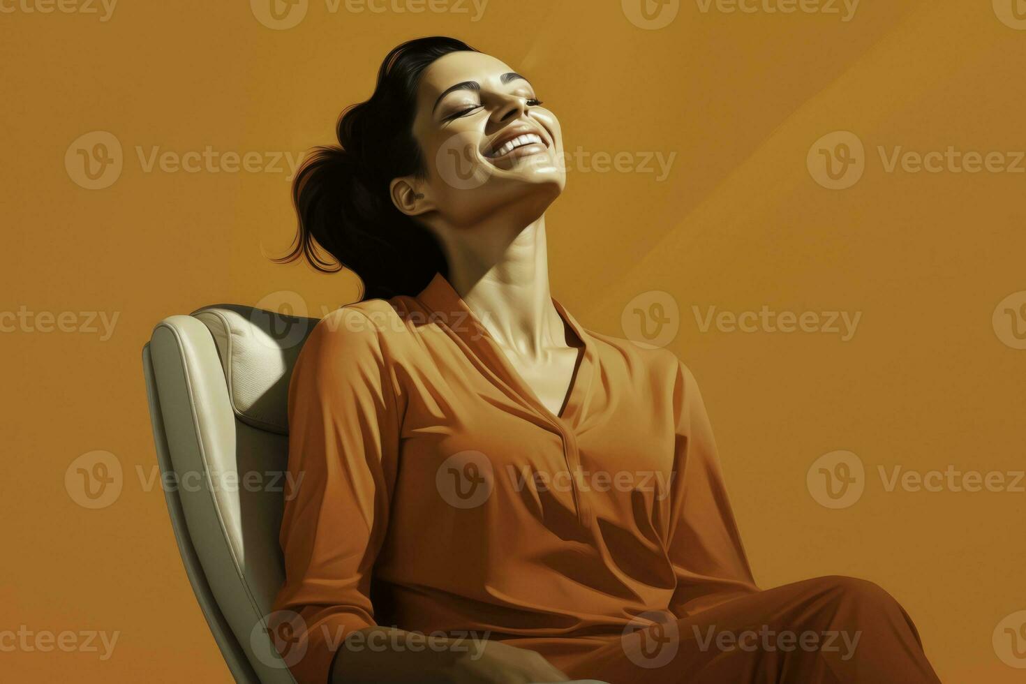 A woman joyfully laughing during therapy isolated on an orange gradient background photo