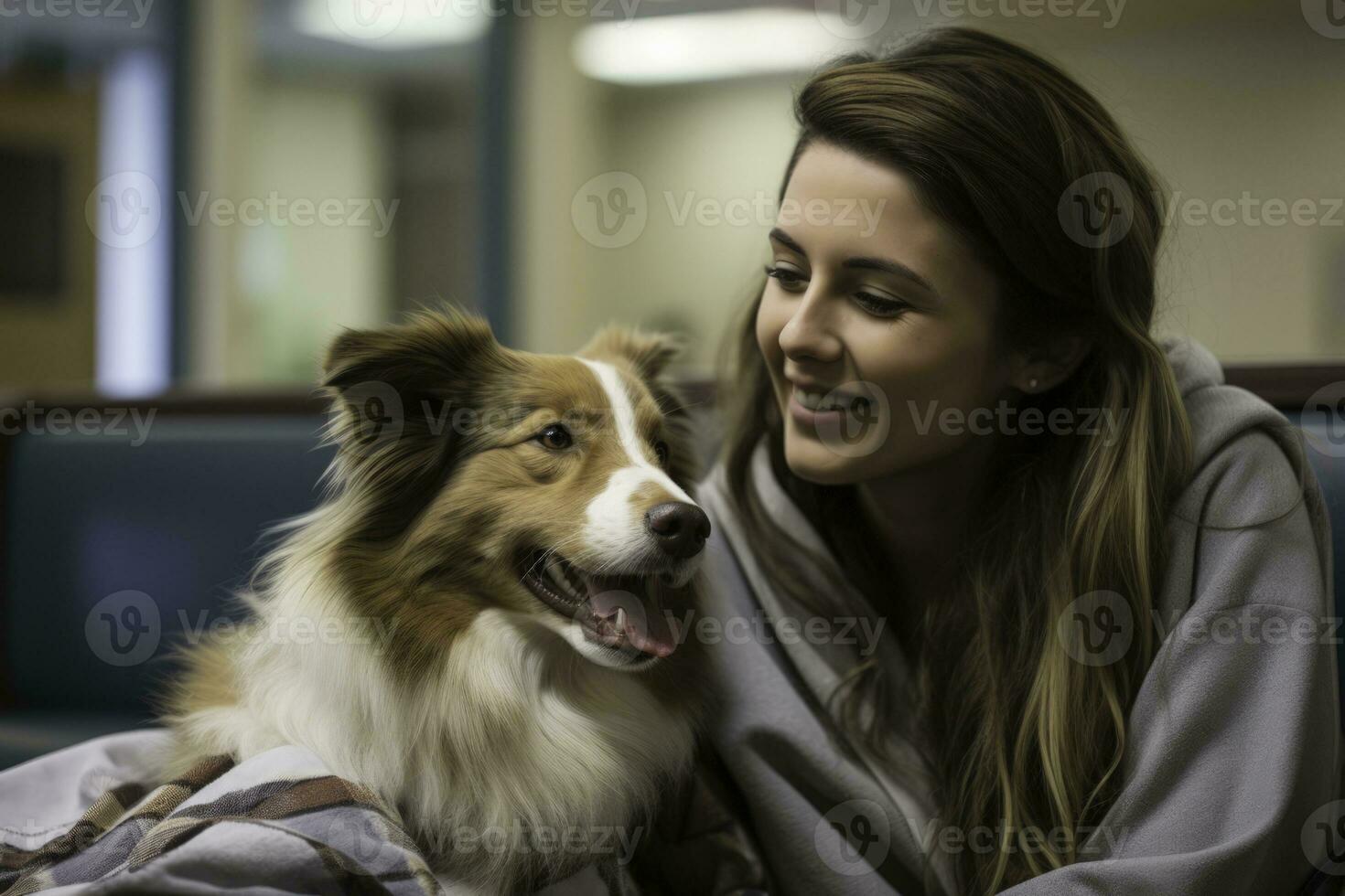 paciente unión con un consolador apoyo perro durante un terapia sesión foto