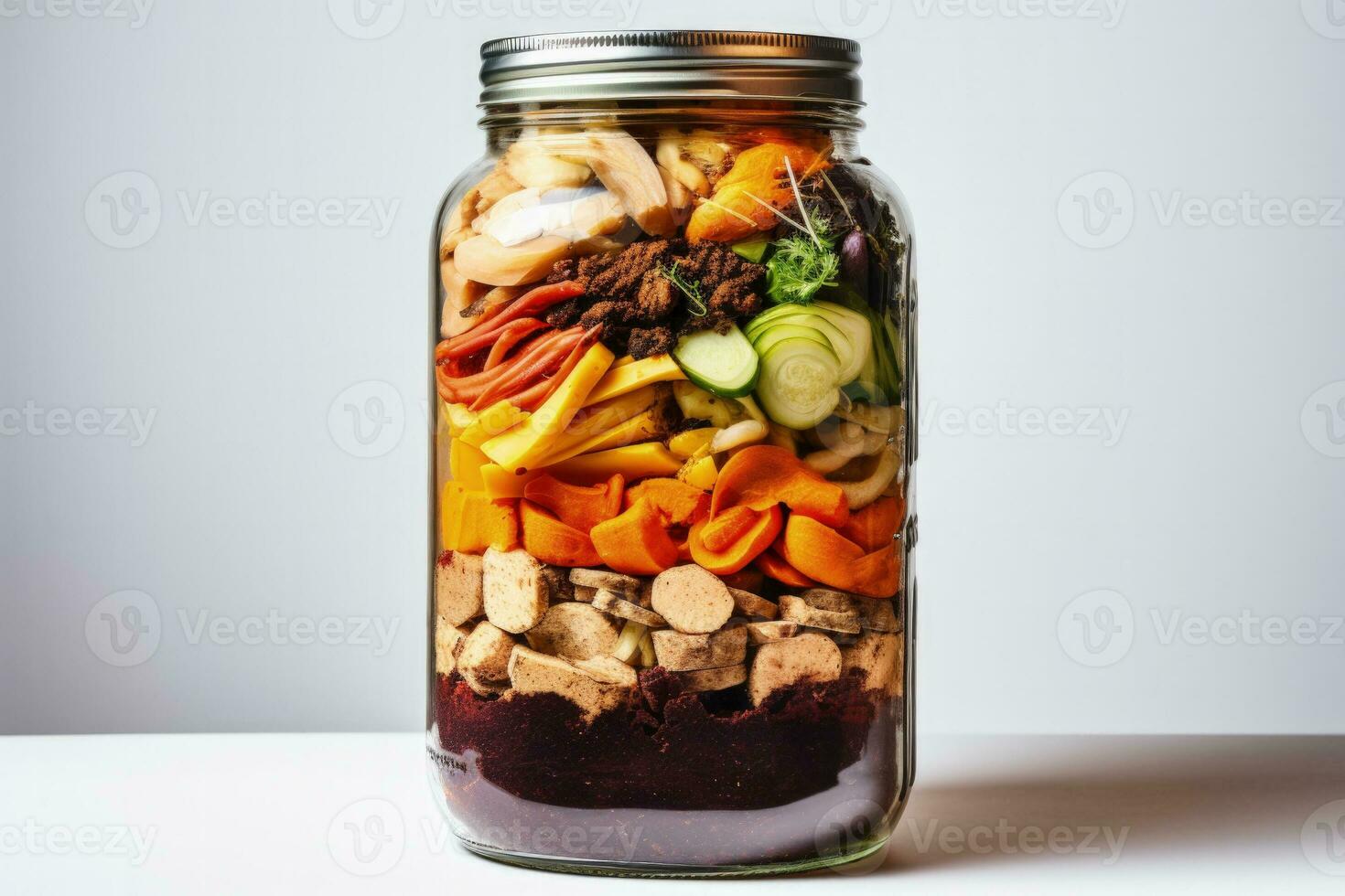 Food waste converted into compost in a clear jar isolated on a white background photo