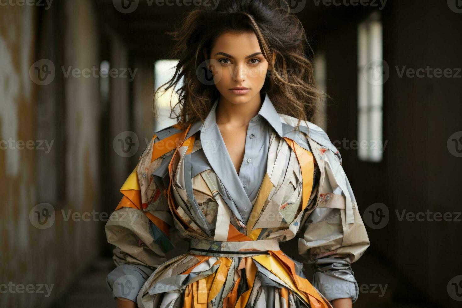 Model posing in a chic outfit made from recycled textile materials photo