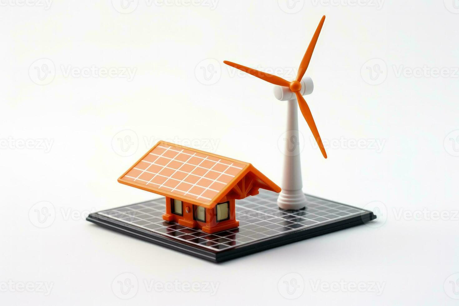 A solar panel and wind turbine toy model isolated on a white background photo