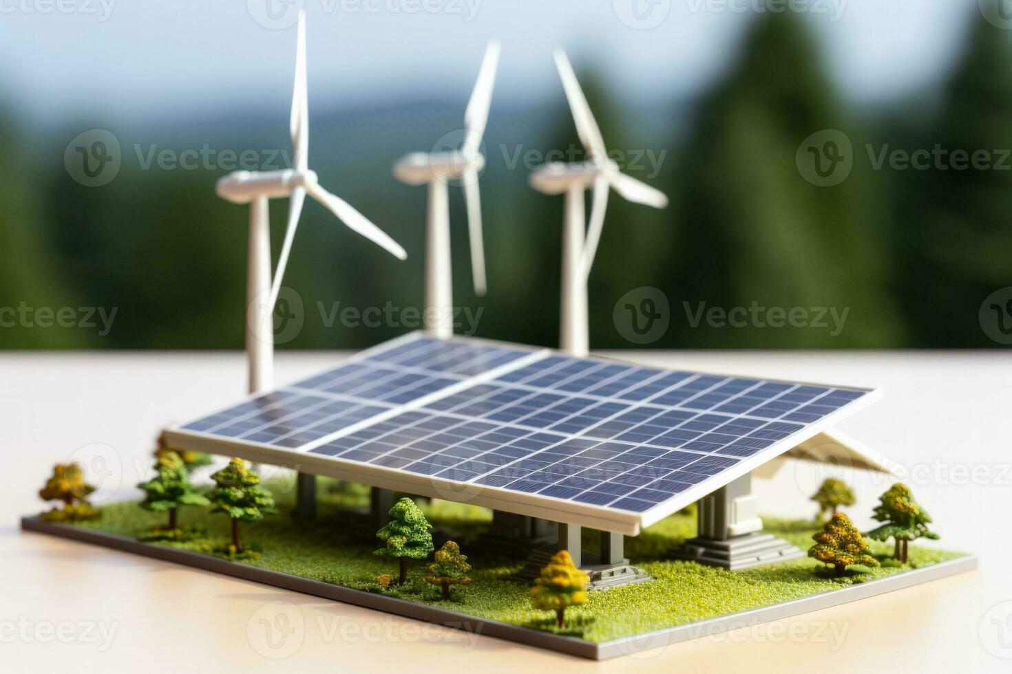 A solar panel and wind turbine toy model isolated on a white background photo