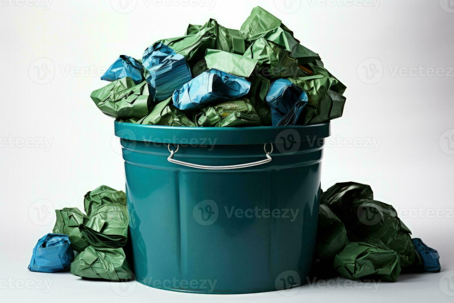 A green recycling bin full of paper waste isolated on a white background photo