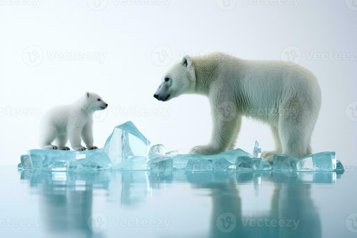 Miniature iceberg and polar bear figurines isolated on a white background photo