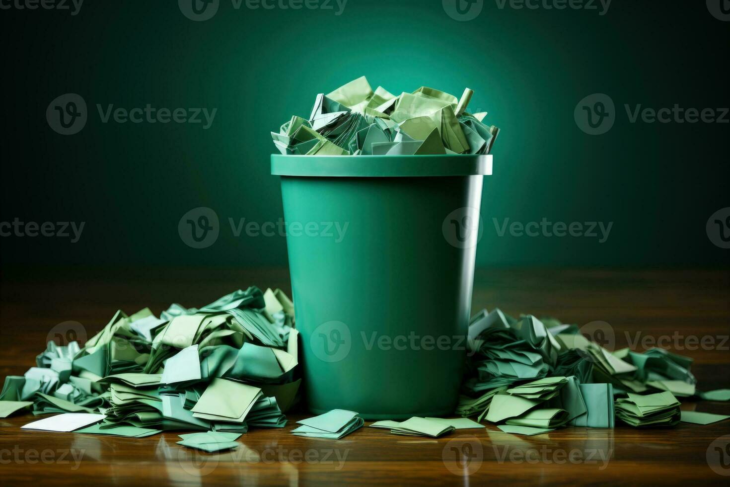 A green recycling bin full of paper waste isolated on a white background photo