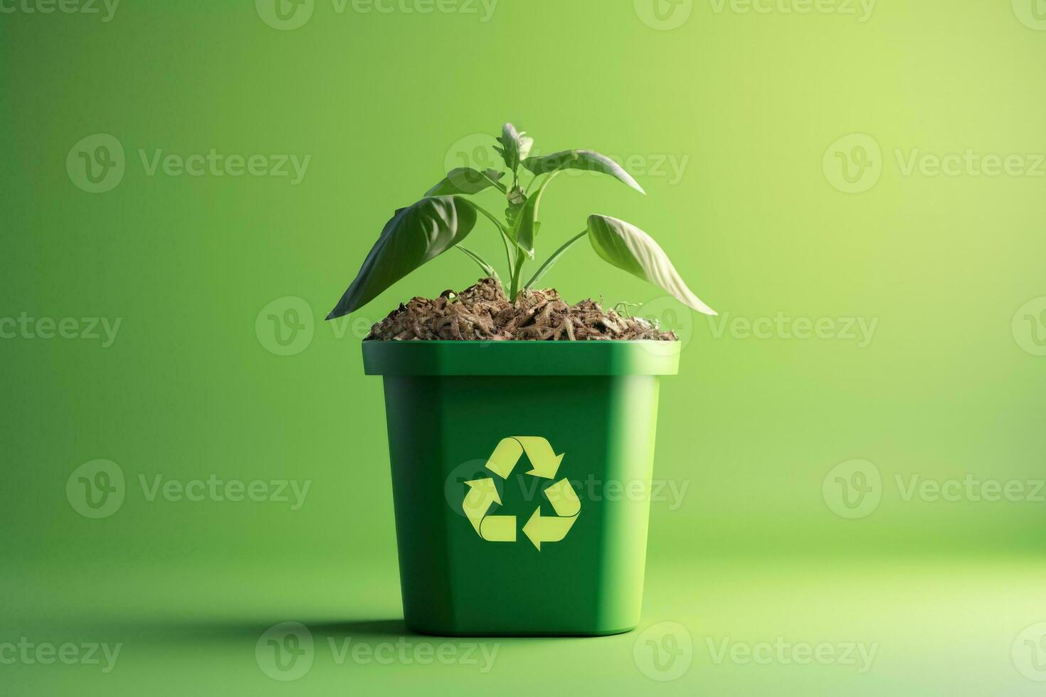 A bright green recycle bin isolated on a cityscape gradient background photo