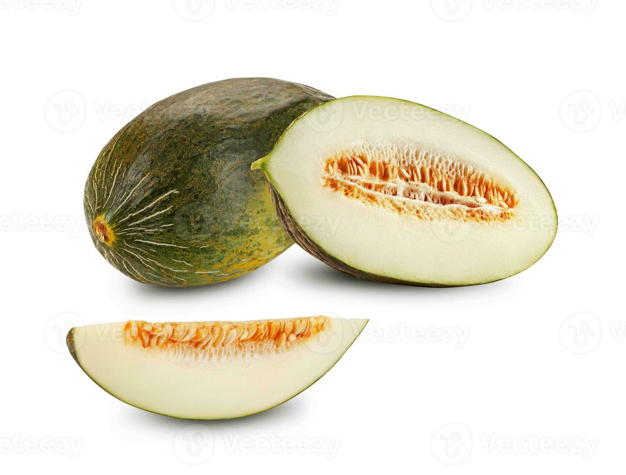 Delicious green tendral melon in cross-section, isolated on white background with copy space for text or images. Side view. Close-up shot. photo