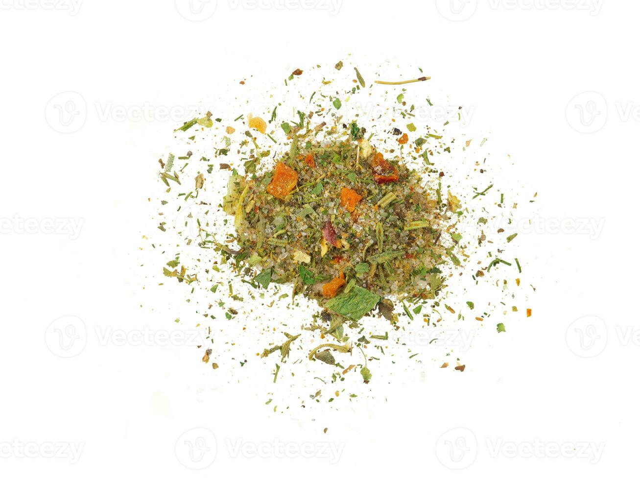Some chopped, mixed herbs isolated on white background with copy space for text, images. Spices. Packaging concept. Close-up, top view. photo
