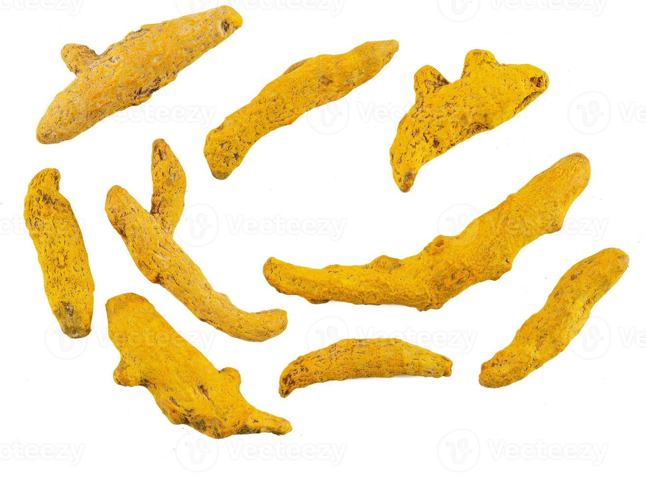 Turmeric root isolated on white background with copy space for text, images. Spices and herbs. Packaging concept. Close-up, top view. photo