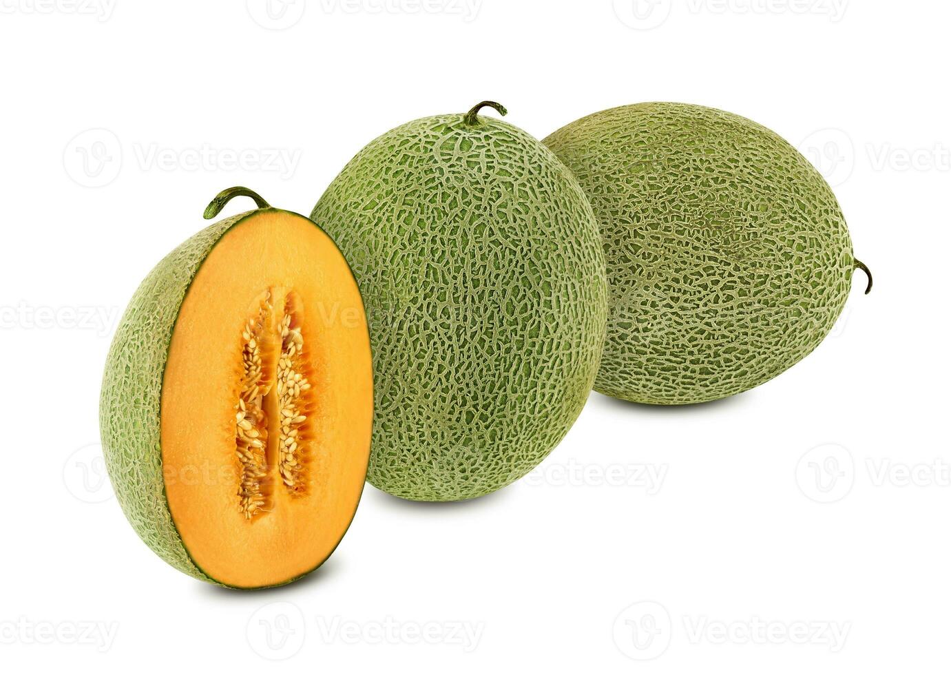 Delicious cantaloupe melon in a cross-section, isolated on white background with copy space for text or images. Side view. Close-up shot. photo