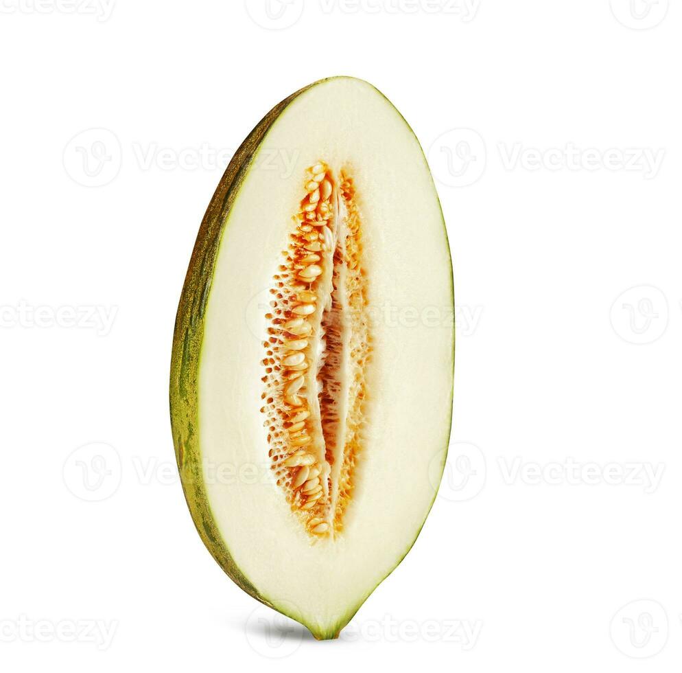 Half of delicious green tendral melon in cross-section, isolated on white background with copy space for text or images. Side view. Close-up shot. photo