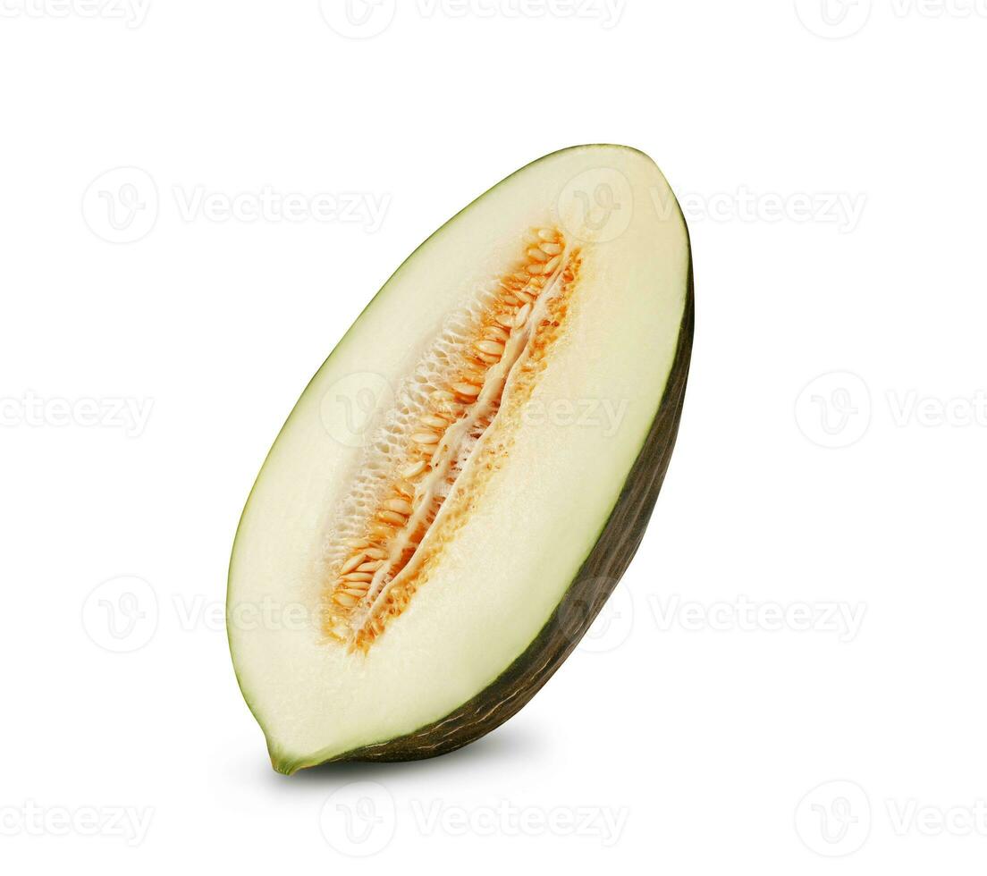 Half of delicious green tendral melon in cross-section, isolated on white background with copy space for text or images. Side view. Close-up shot. photo