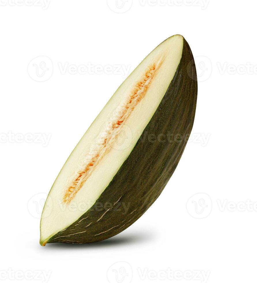 Half of delicious green tendral melon in cross-section, isolated on white background with copy space for text or images. Side view. Close-up shot. photo