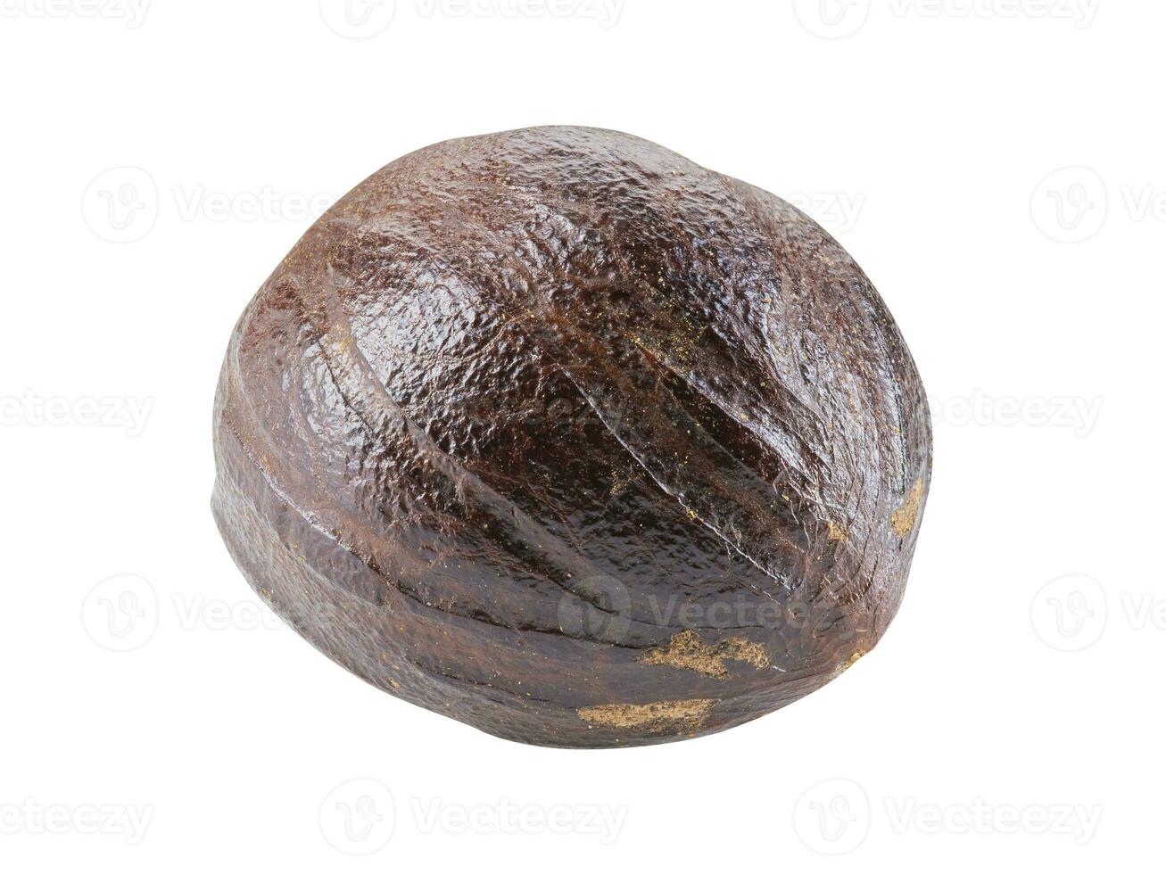 Nutmeg isolated on white background with copy space for text, images. Spices and herbs. Packaging concept. Close-up, top view. photo