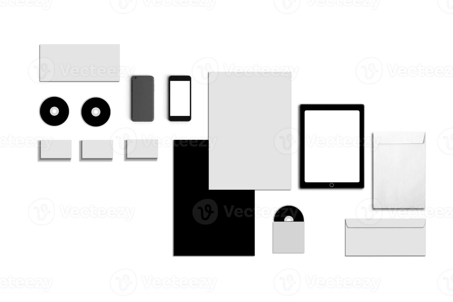 Blank Corporate ID. Set isolated on white. Consist of business cards, folder, tablet PC, envelopes, a4 letterheads, notebooks, flash, pencil, cd disk and smart phones. photo