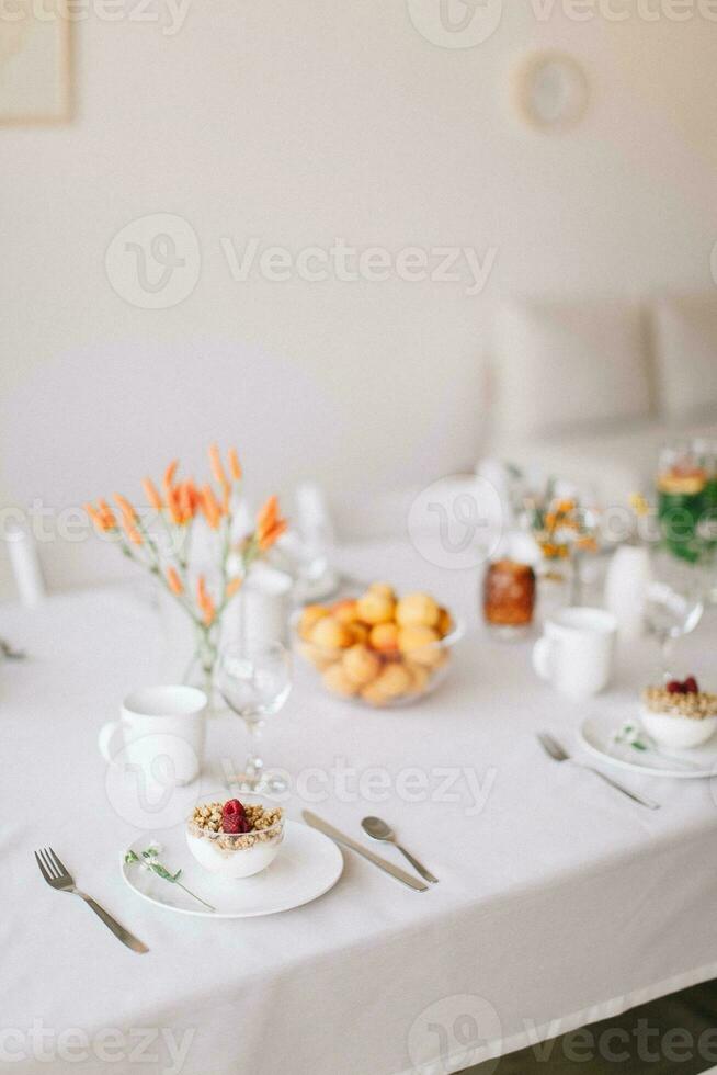 Beautiful table setting for wedding or another catered event dinner. photo