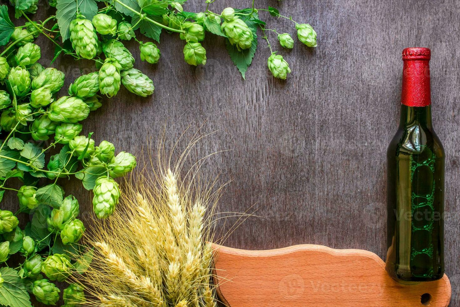 Bottle of beer with Brewing ingredients. Hop flower with wheat. Top view photo