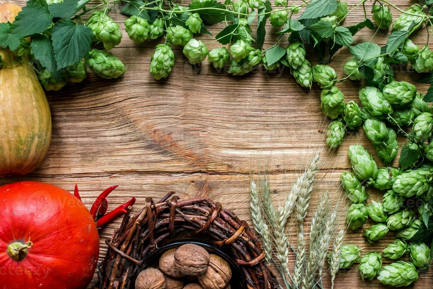 Autumn background with pumpkins, wheat spikes, nuts, vine, hops on wooden background. Top view photo