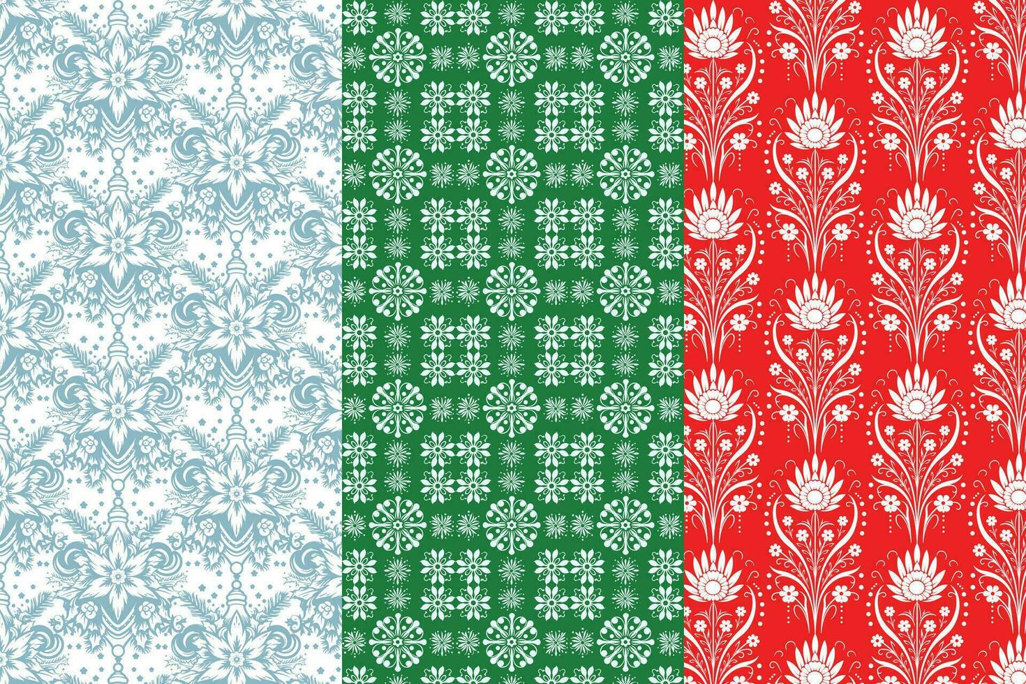 Featuring White Floral and Geometric Designs on Blue, Green, and Red vector