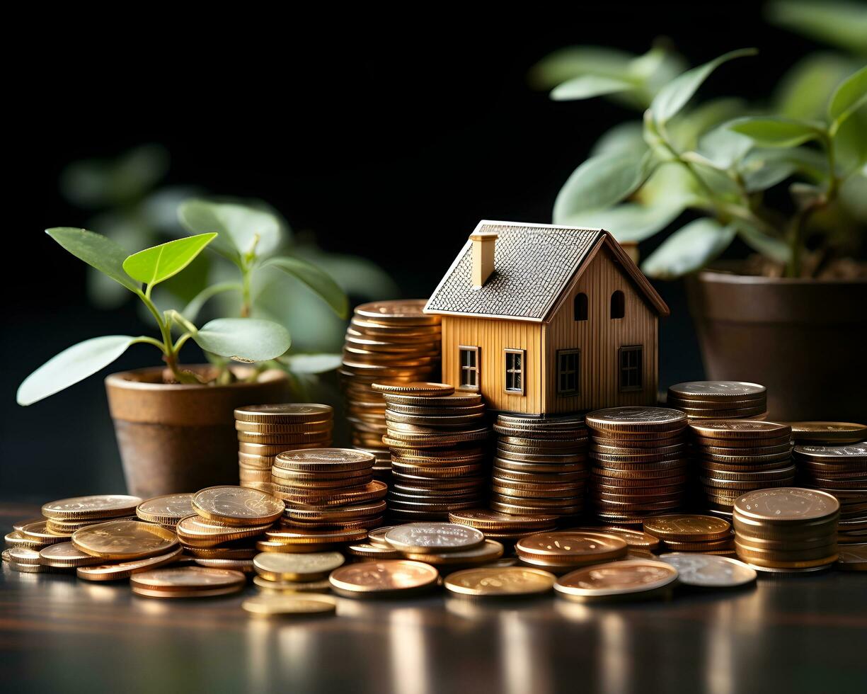 house model and coins on white background. real estate and investment concept. photo